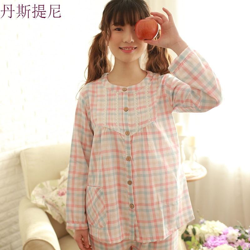 春秋新款睡衣女纯棉纱布长袖圆领全棉清新格子学生日系家居服套装