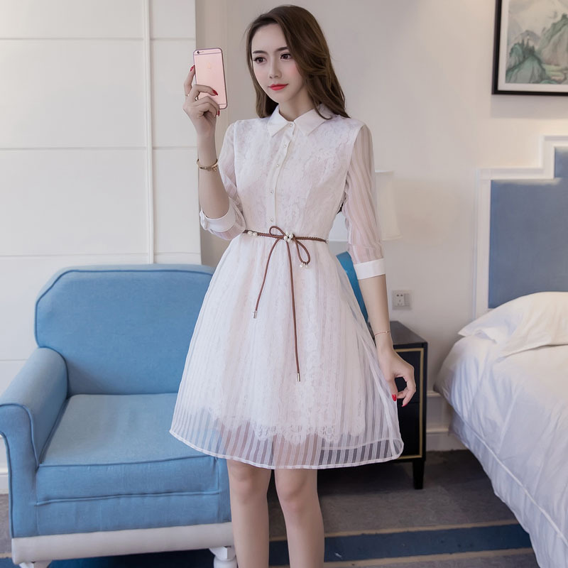 女士秋装新品时尚拼接系带收腰连衣裙女性感透视中长裙过膝长裙潮