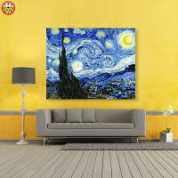 《星夜》梵高印象派油画 大画王diy世界名画柏树和星空数字油彩画 3329 梵高-星空 松木内框+自己画 40x50厘米