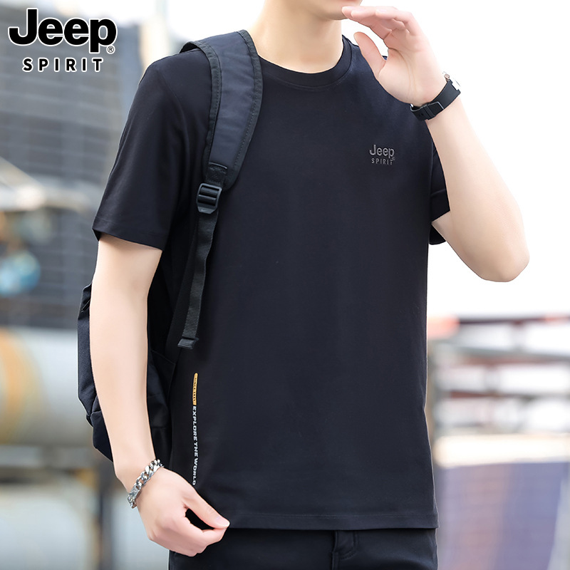 JEEPSPIRIT吉普男士T恤刺绣圆领短袖宽松潮流印花上衣 XXXL 黑色