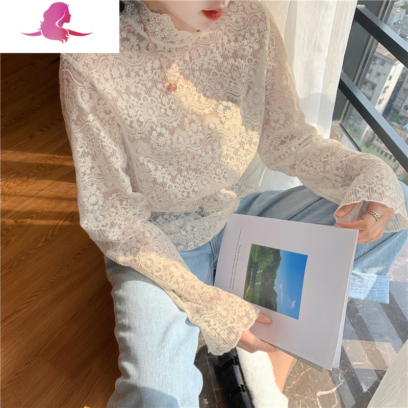 艳如飞韩国微透蕾丝打底衫女毛衣内搭长袖衬衫洋气性感百搭网纱上衣春秋蕾丝衫