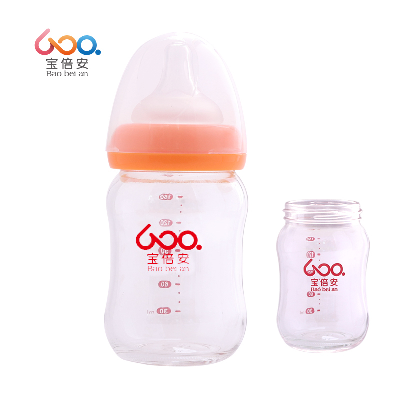 宝倍安(Bao bei an)宽口径 耐热玻璃防胀气奶瓶 橙色150ml S奶嘴 建议0-3个月宝宝使用 赠备用瓶体