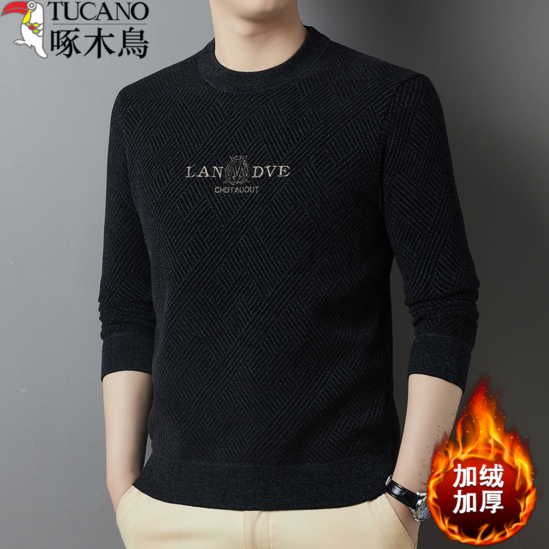 啄木鸟提花雪尼尔毛衣男秋冬加厚加绒中年打底圆领保暖卫衣一体卫高清大图