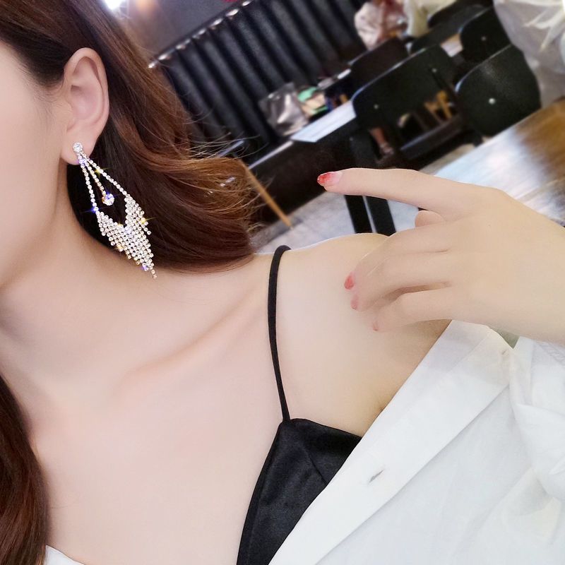 2019新款显瘦耳坠流苏耳环女气质韩国个性百搭夸张镶钻长款耳钉 A23 金色流苏