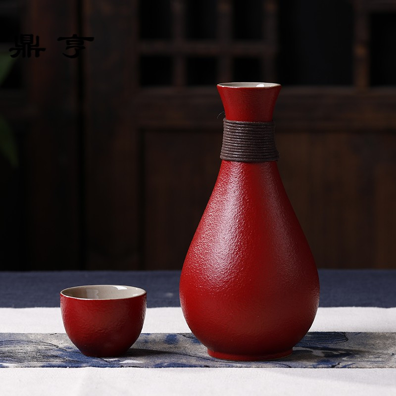 鼎亨陶瓷酒壶酒杯套装 家用黄酒白酒盅杯分酒器 红色婚庆酒具套装