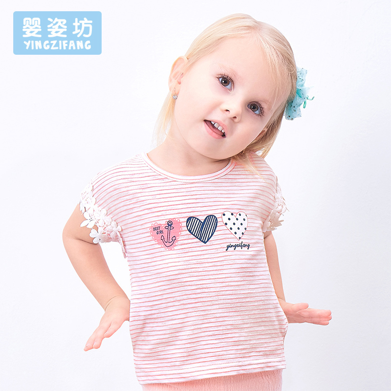 婴姿坊女宝宝女童夏季圆领蕾丝袖口印花可爱休闲T恤
