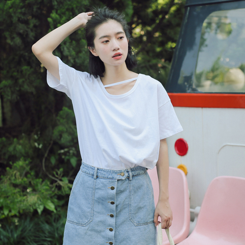 绅士空间(SENSIKJ)前后两穿小心机挂脖短袖t恤女装学生夏季小清新纯色百搭上衣宽松