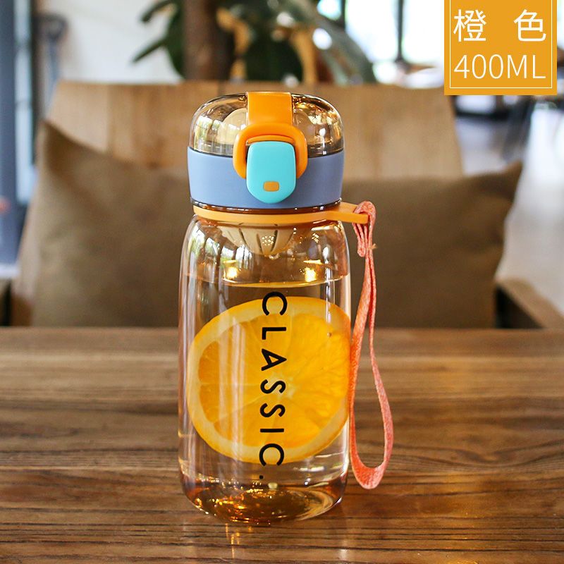 水杯女学生韩版ins塑料大容量防摔杯子网红高颜值可爱随手杯 活力橙 (送茶漏提绳) 500ml 单杯+杯刷+网红背带+布