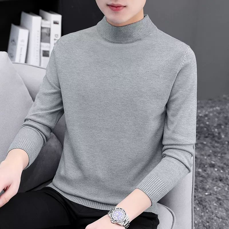 2023新款圆领毛衣男韩版秋冬季潮流内搭针织打底衫长袖黑色毛线衣 浅灰色【半高领】毛衣 2XL推荐【135-150斤】