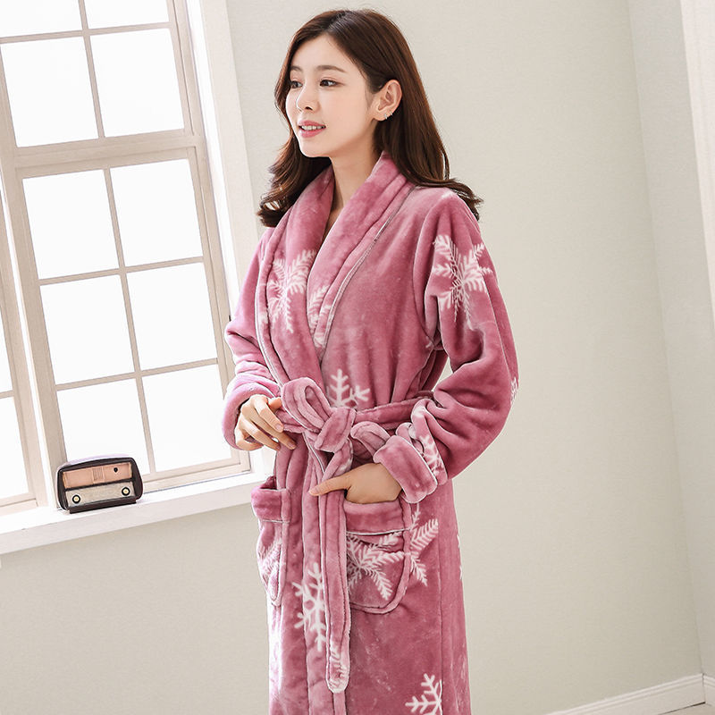 冬季法兰绒睡袍女秋冬季加厚加长款情侣女士珊瑚绒浴袍浴衣睡衣 雪花紫粉 M