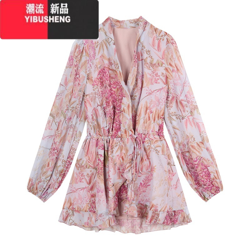 YIBUSHENG法式碎花v领长袖雪纺连衣裙女季高级感收腰裙子气质粉色a字短裙