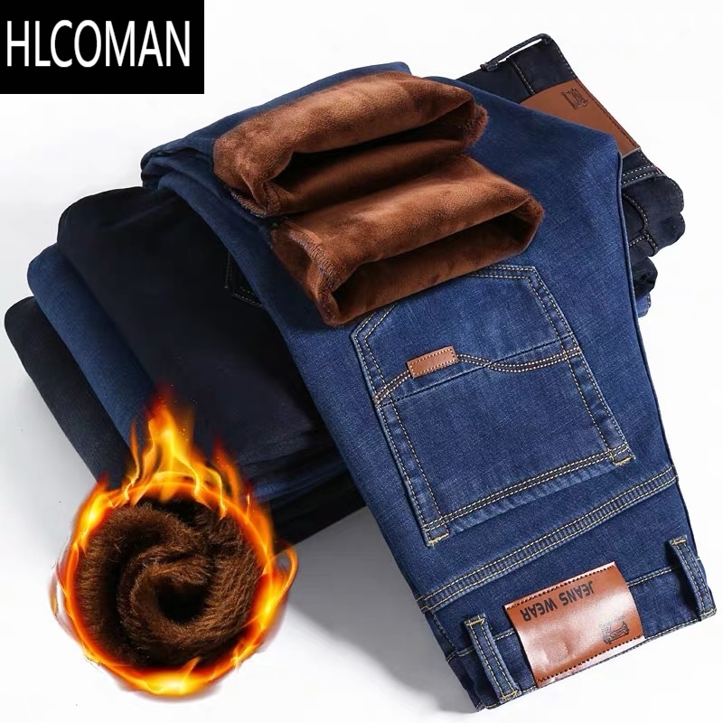 HLCOMAN厚款弹力男士加绒牛仔裤男宽松休闲冬天裤子大码加厚加绒裤男 弹力加绒8010蓝色 29码腰围2尺2100110斤