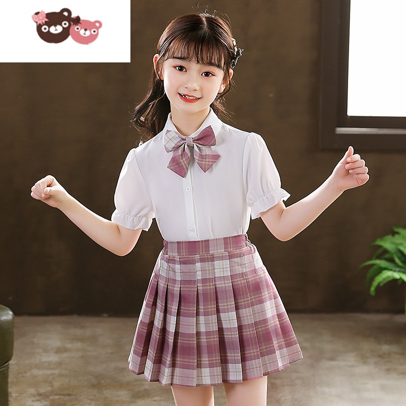 绿彩虹光女童jk制服裙子夏季小学生短袖儿童夏装学院风套装校服格子