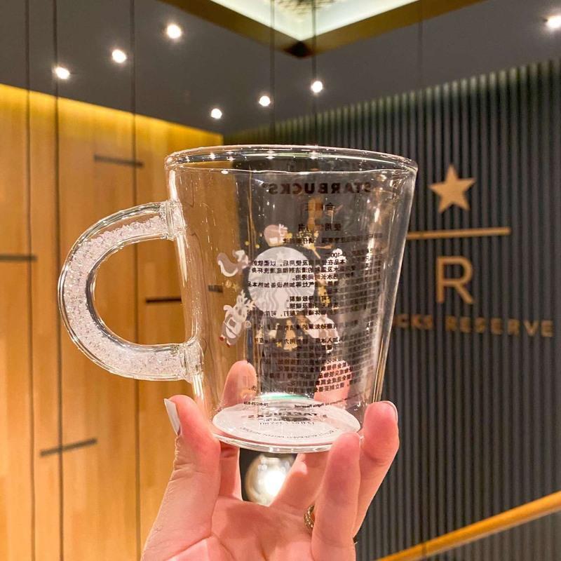 星巴克杯子圣诞狂欢冷变玻璃水杯流沙把手果汁杯带把冷饮杯喝水杯355m