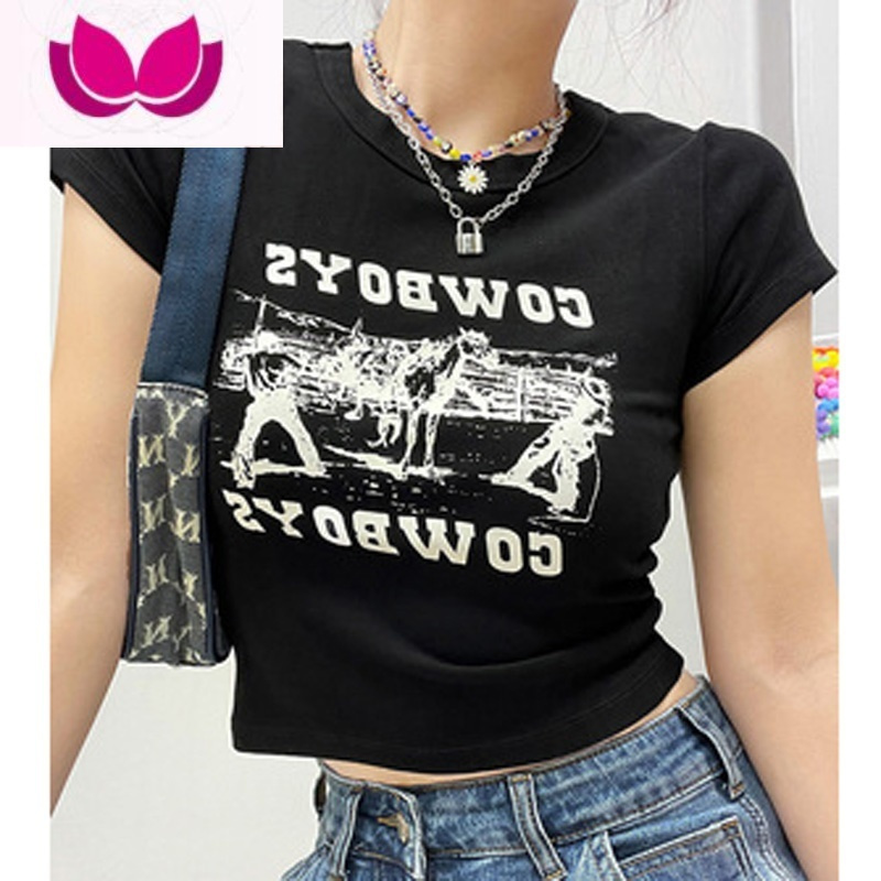 七斓正肩短袖t恤女ins夏季2023年新款修身显瘦辣妹短款设计感纯欲上衣