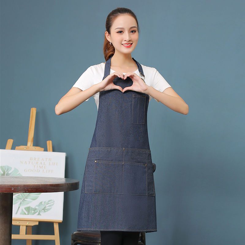 牛仔围裙女纯棉厨房防水可爱韩版罩衣服务员男新款工作服定制logo围腰