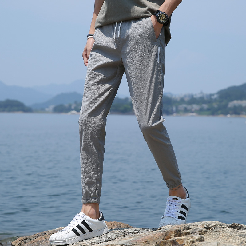 亚木2018夏季新款男士修身长裤韩版潮流裤子男时尚休闲潮流九分小脚裤新款