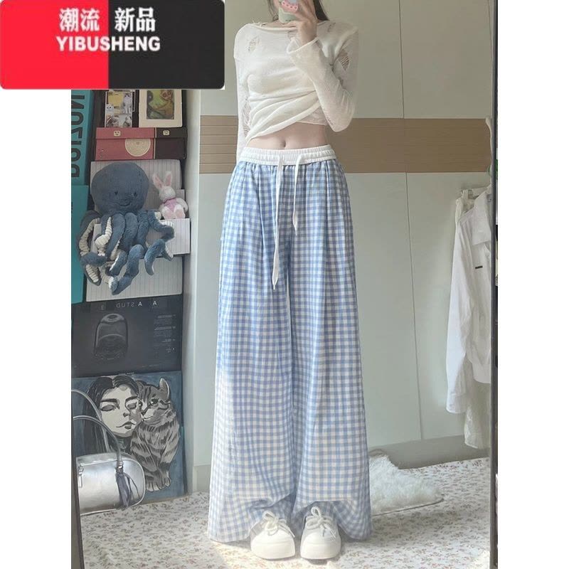 YIBUSHENG小个子蓝色格子休闲裤女季薄款2024新款宽松阔腿裤高腰直筒裤子图片