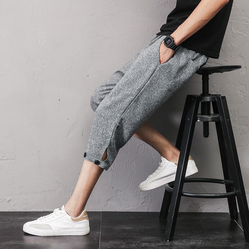 亚麻男裤夏季薄款男士七分裤夏天休闲裤宽松短裤子男生7分裤哈伦yy