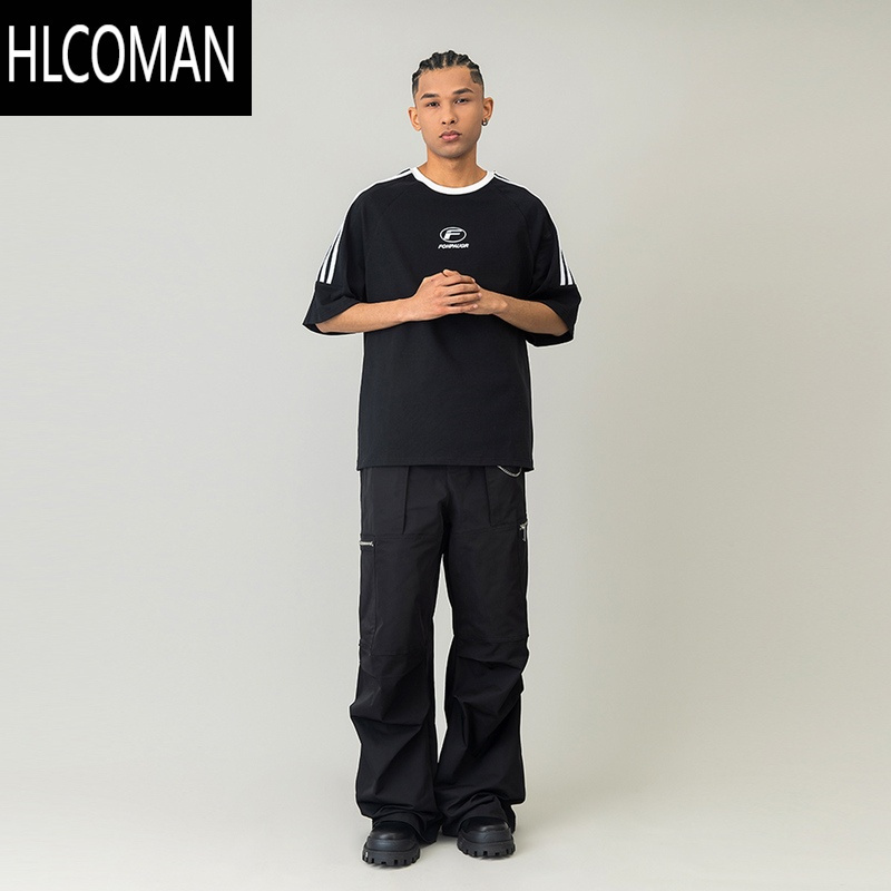 HLCOMAN 美式潮牌拼接插肩袖圆领短袖T恤男夏季情侣宽松织带休闲体恤