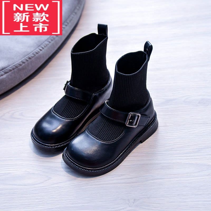 可莉允儿童靴子女春秋单靴宝宝袜靴英伦风皮靴黑色小童短靴女童马丁靴图片