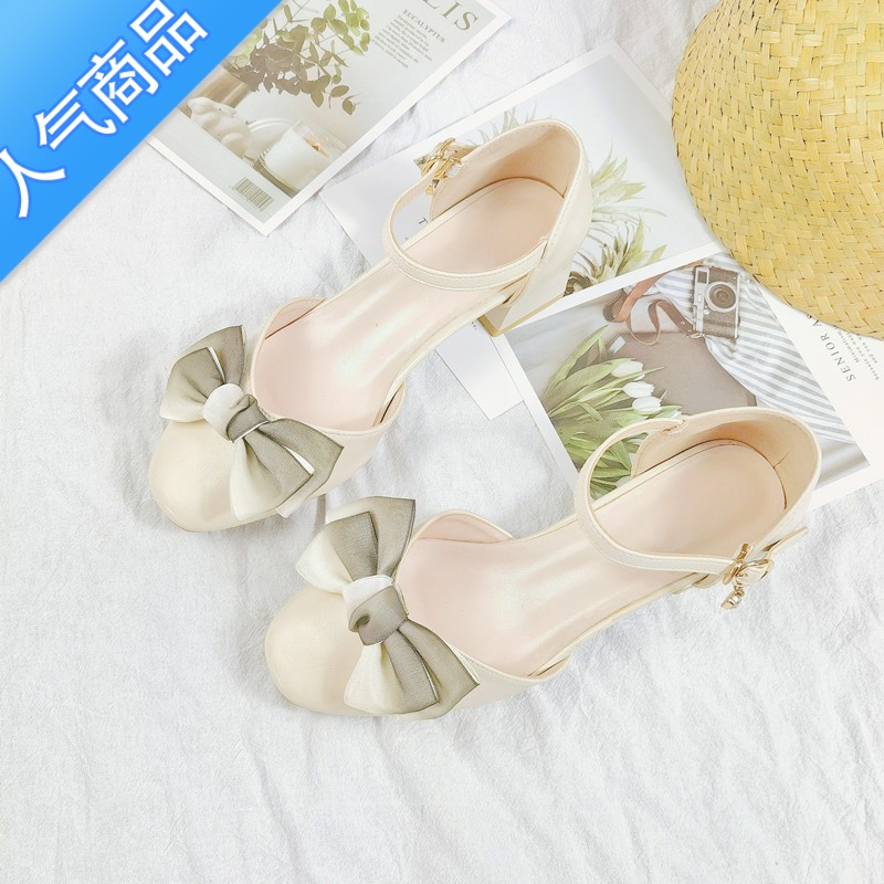 SUNTEK2022夏季新款百搭仙女风蝴蝶结粗跟中跟方头一字扣包头凉鞋女高清大图
