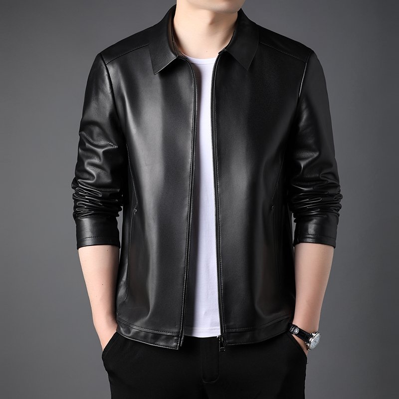 100纯羊皮头层真皮皮衣男加绒加厚皮夹克绵羊皮机车海宁头层春秋季外套男士真皮头层皮纯皮外套中年皮夹克男高清大图