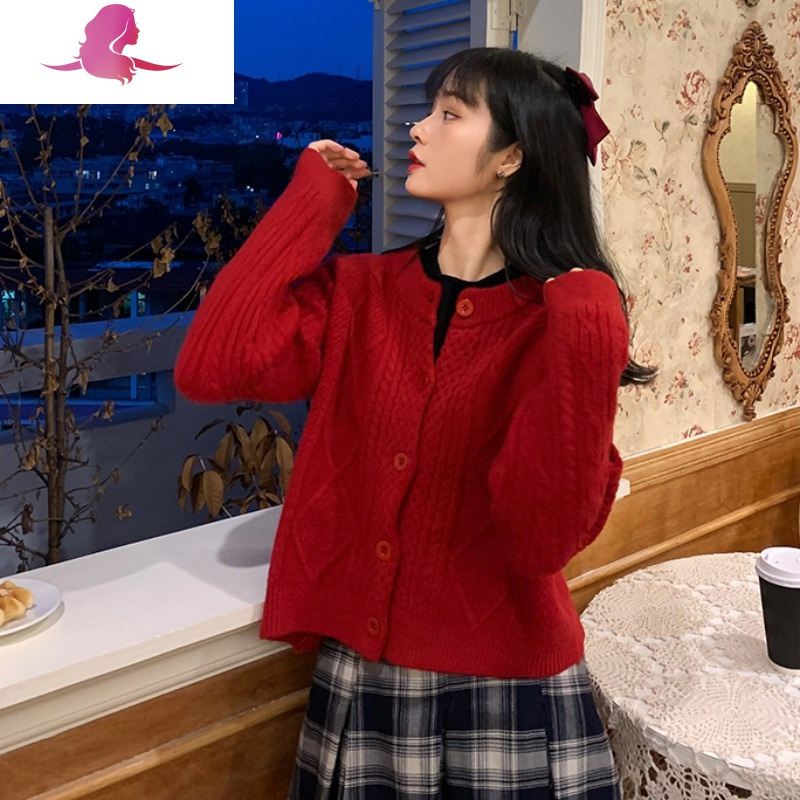 艳如飞针织开衫毛衣外套女秋冬韩版宽松外穿复古麻花港风chic长袖上衣潮T恤