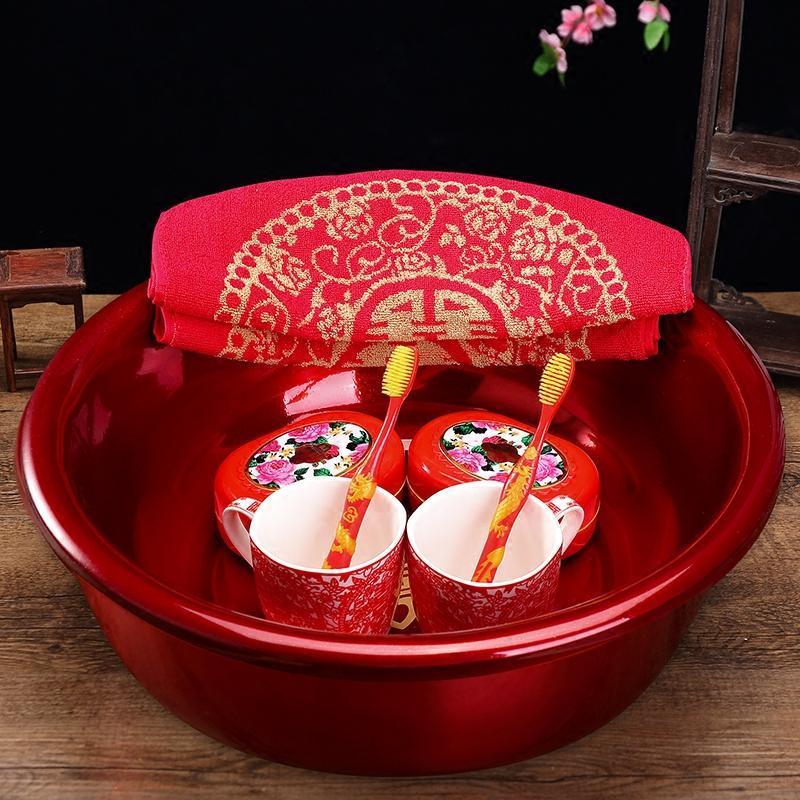 结婚脸盆套装红脸盆搪瓷婚庆脸盆女方新娘陪嫁妆喜庆用品