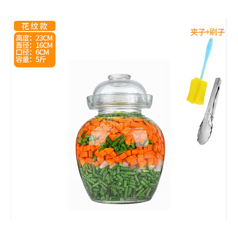 泡菜坛 5斤加厚花纹款 夹子和刷子高清大图