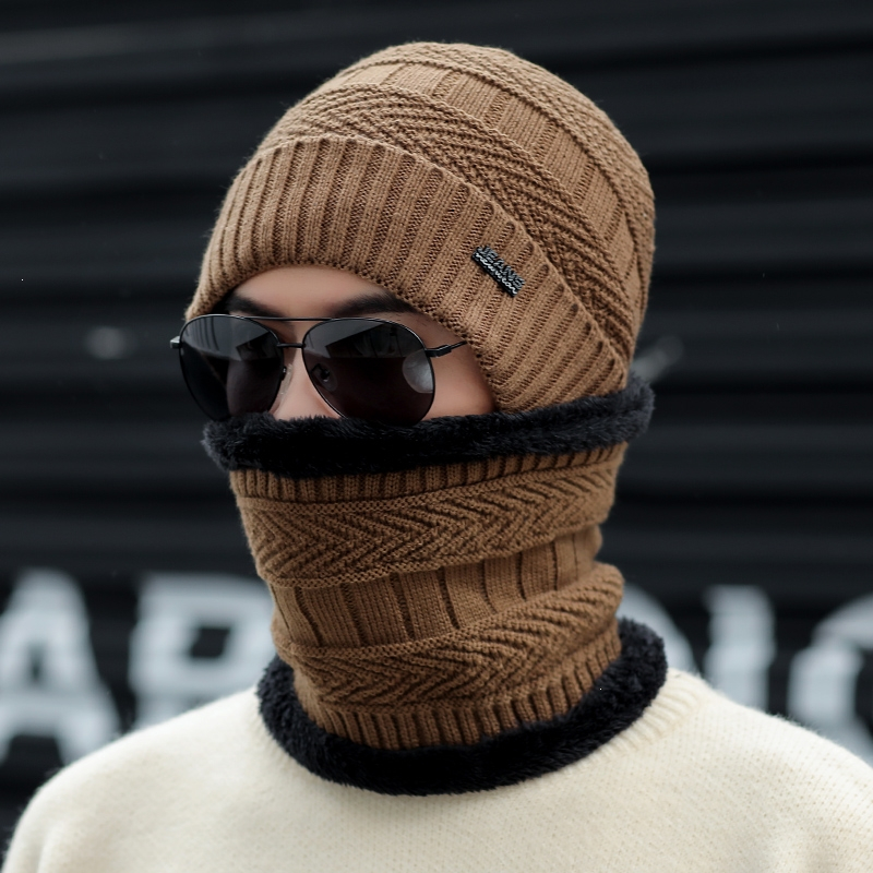 帽子男冬天保暖毛线帽加绒加厚户外围脖秋冬季骑车针织帽男士套头