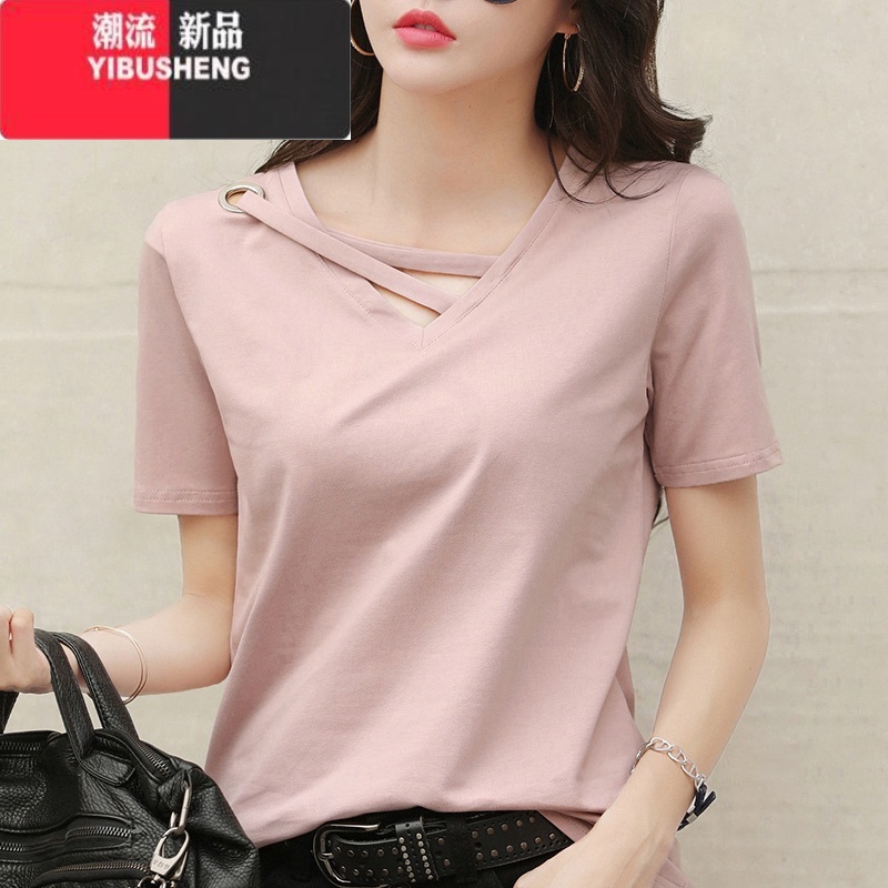 YIBUSHENG黑色短袖t恤女士2024新款宽松正肩显瘦v领设计感大码上衣镂空高清大图