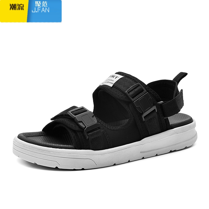 聚范男士凉鞋夏时尚防滑沙滩鞋两用室外穿2024新款潮流凉拖休闲拖鞋男 03131黑米两杠 44标准运动鞋码