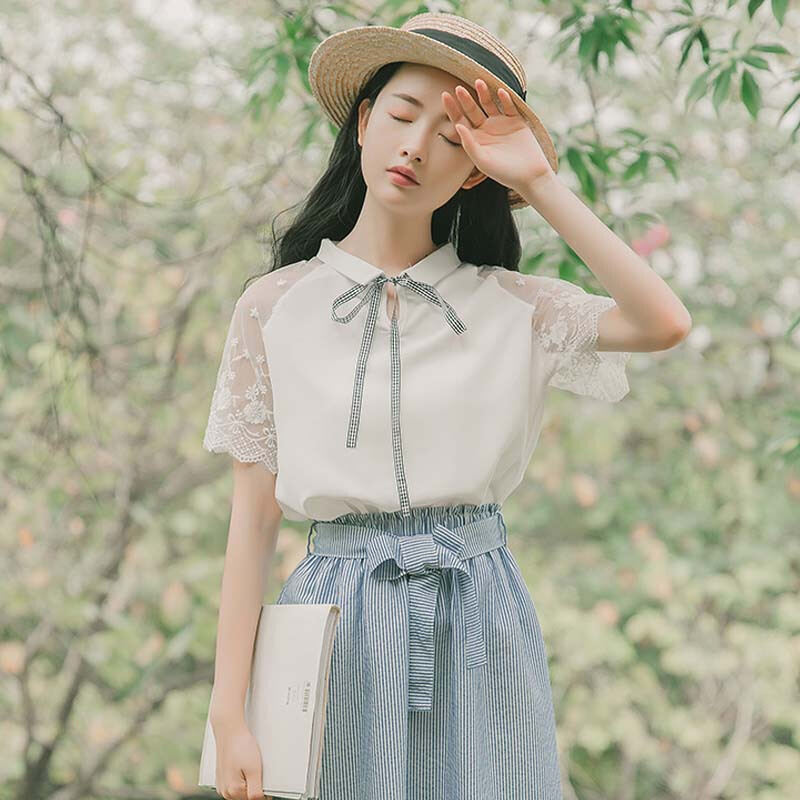 小清新上衣森女系短袖衬衣雪纺衫女夏装新款蕾丝拼接甜美洋气衬衫