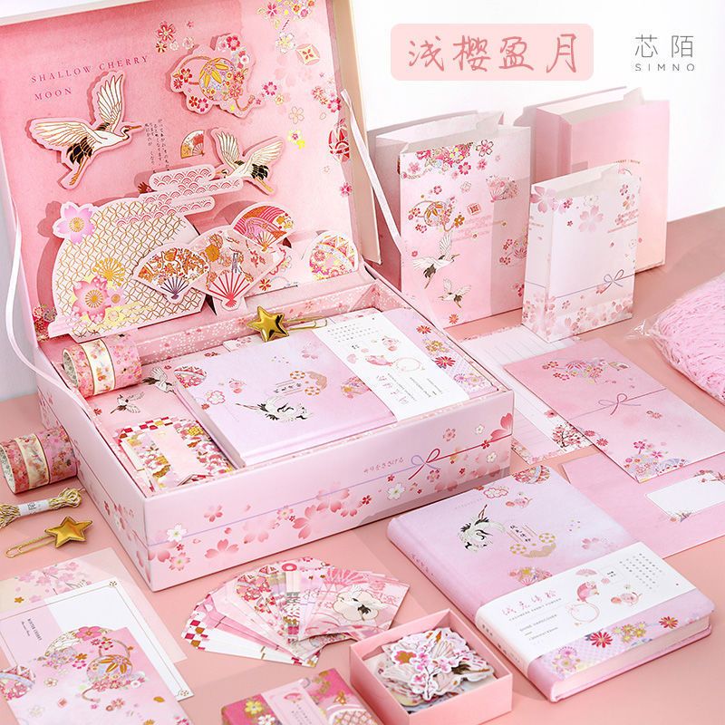 韩国少女心手账本套装简约ins风可爱学生日系手帐文具笔记本礼盒浅樱