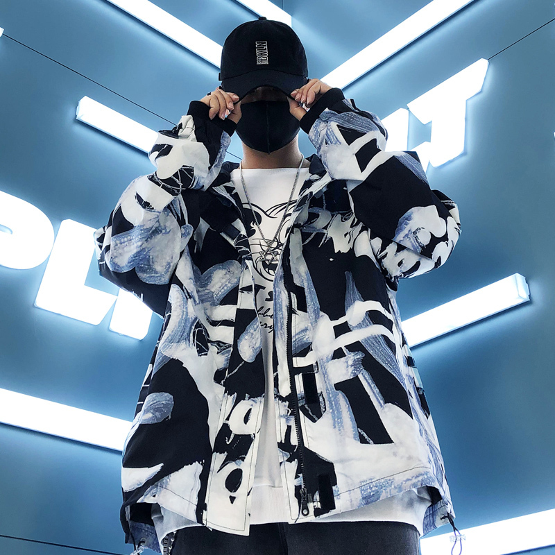yuansu涂鸦外套男痞帅炸街夹克连帽潮牌2020秋季潮流个性宽松休闲风衣
