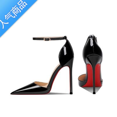 SUNTEK黑色漆皮中空一字扣带超高跟鞋凉鞋女尖头细跟性感2023年新款春夏 黑色亮皮10CM 39