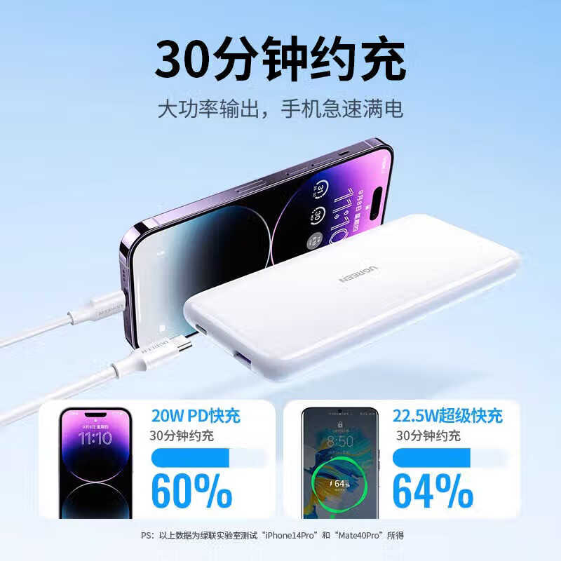 绿联充电宝22.5W+PD20W双快充10000mAh超大容量可上飞机小巧便携移动电源 云朵白PB200(80700)高清大图