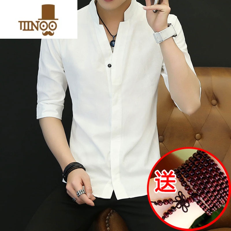 YANXU中国风t恤男男装男士短袖棉服夏季中袖上衣衬衫套装夏装男服 170/L 白色中袖--送手链