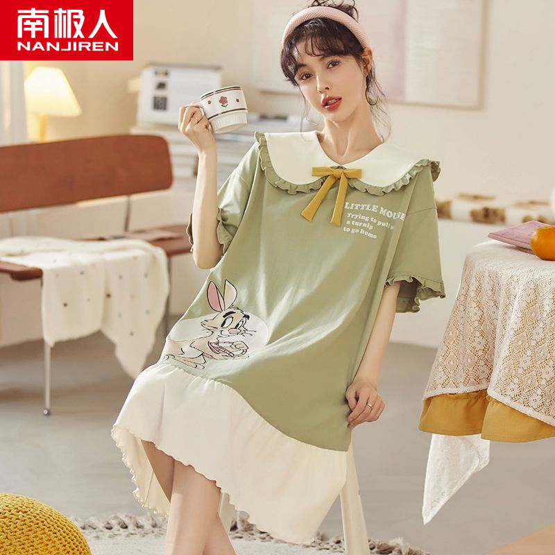 睡裙女夏季短袖薄款可外穿大码胖mm200斤韩版宽松睡衣高清大图