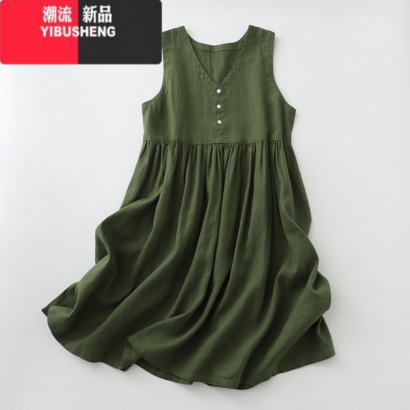 YIBUSHENG日系复古V领棉麻无袖连衣裙女宽松减龄显瘦亚麻休闲娃娃背心裙 军绿色 M建议110斤以下