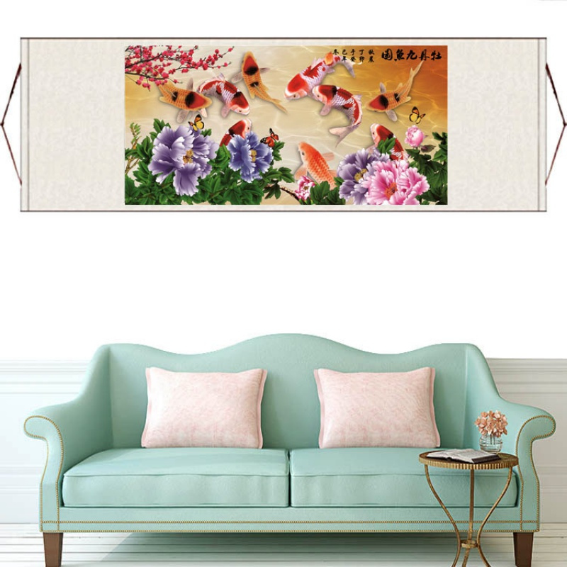 九鱼图丝绸画卷轴画莲花九鱼荷花图纳福宣纸国画卷轴画荧光绿牡丹九鱼
