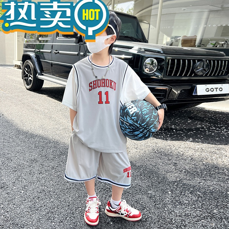 绿彩虹光男童夏装套装2023新款儿童夏季速干篮球服中大童夏款短袖球衣薄款