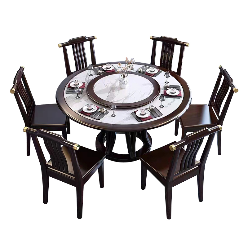 臻远 ZY3110408 岩板餐桌实木圆形餐桌椅组合1.2米圆桌6把餐椅高清大图