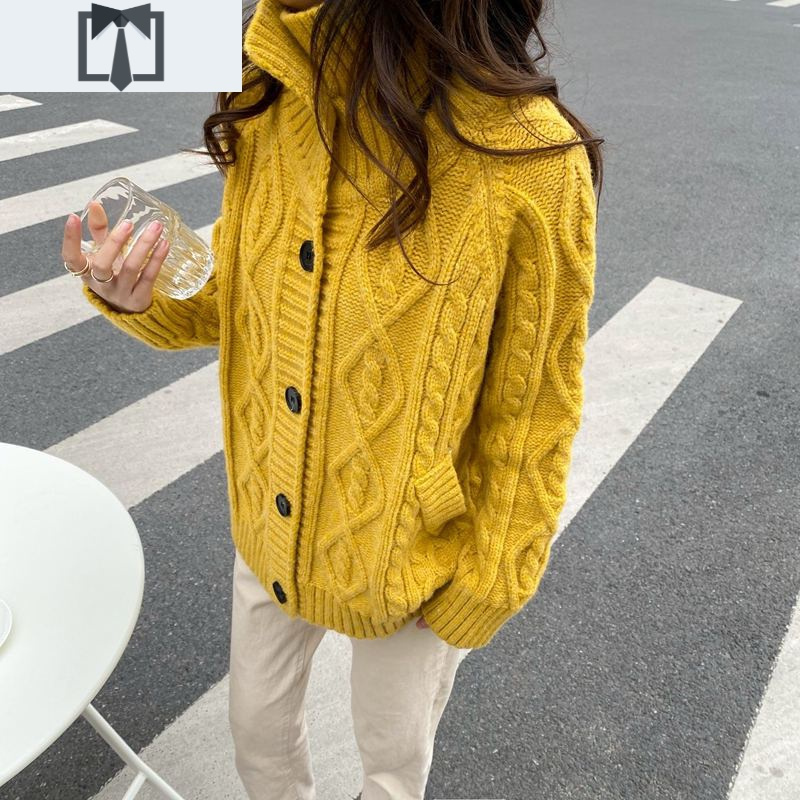 suntek复古麻花高领毛衣开衫女宽松外穿港风慵懒风针织外套新年红色