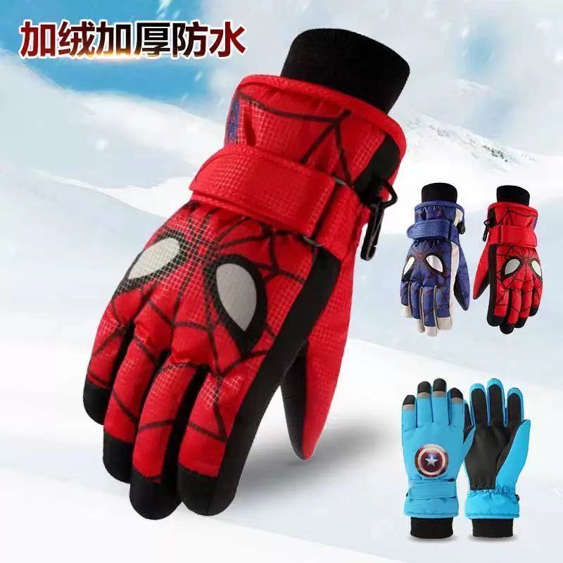 儿童滑雪手套冬季防水宝宝户外玩雪加厚防寒男孩学生加绒骑车手套 红色 S号 4--6岁