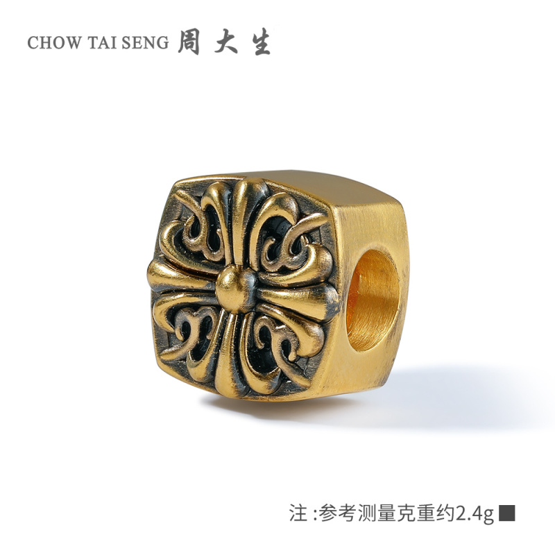 周大生黄金运珠男女款复古金十字花手饰酷黑风硬金手链氪金玩家