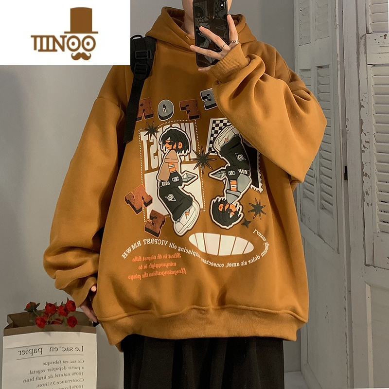YANXU连帽卫衣男款新款潮牌卡通印花外套感美式慵懒chic上衣服