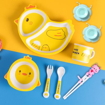 儿童餐具套装可爱卡通分格餐盘宝宝吃饭碗易清洗勺叉杯家用竹纤维b46