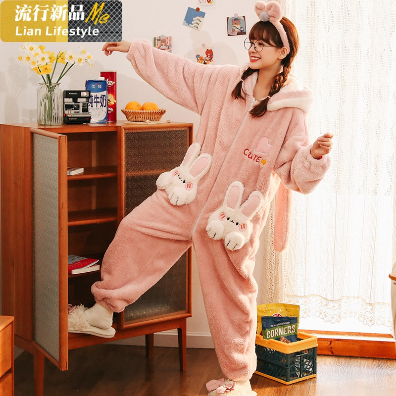 恋名媛珊瑚绒连体兔睡衣女秋冬季加厚加绒甜美可爱学生冬款法兰绒家居